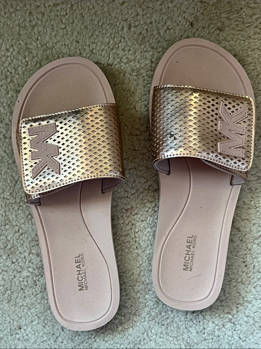 MICHAEL Michael Kors Metallic Rose Gold Slide Sandals